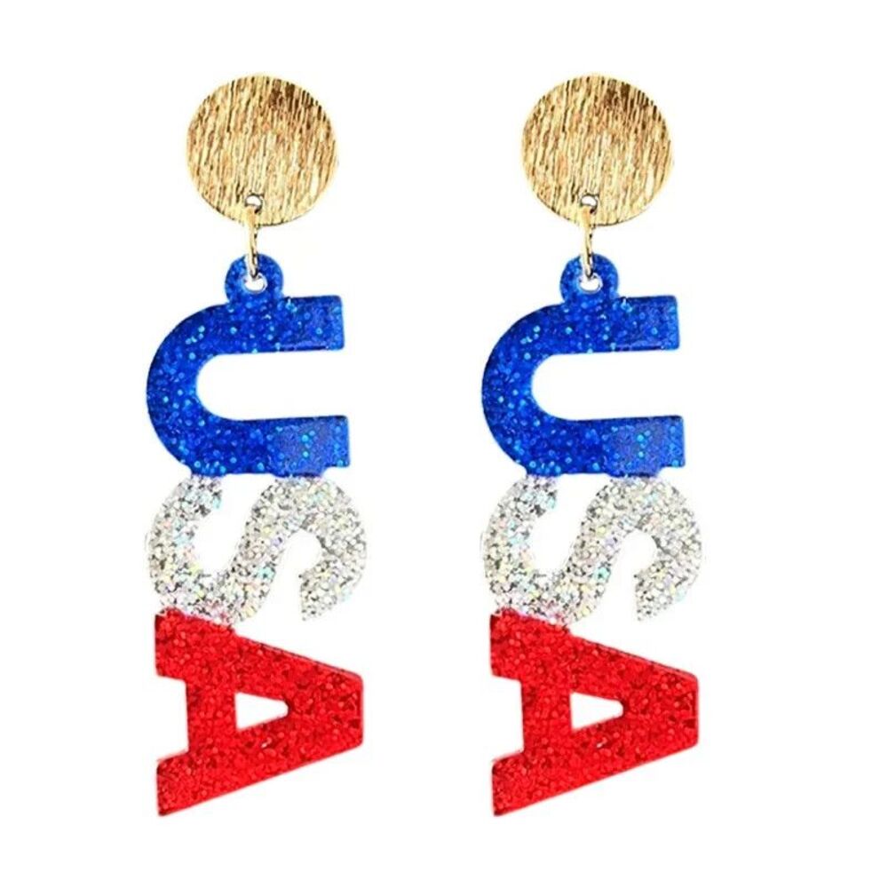4th of July Patriotic USA Earrings Glitter Acrylic America 250 Celebration NIP